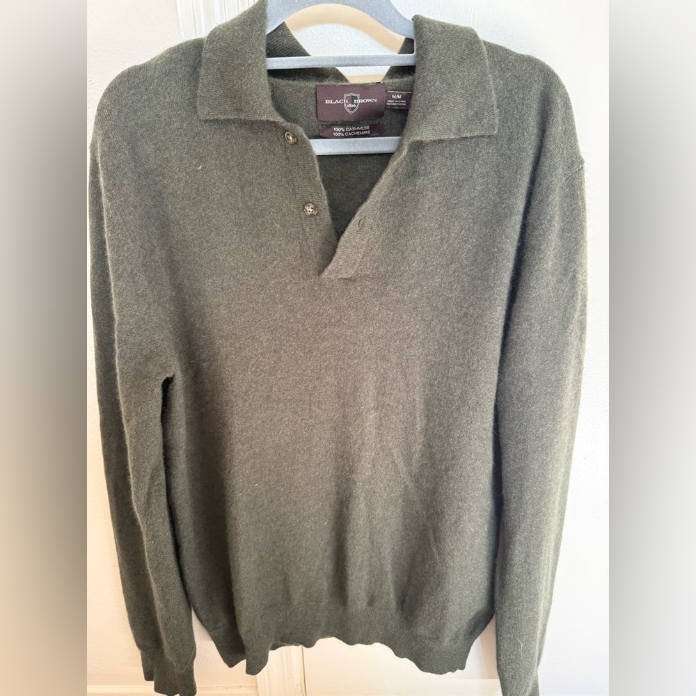 Black Brown 1826 Olive Green 100% Cashmere Polo Sweater - Size M